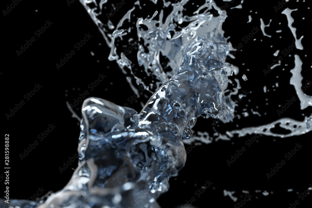 Spinning vortex torado of water splash of liquid on an isolated black background with reflections and spinning stream, the surface of the liquid from the crystalline nature of water. 3d illustration Spinning vortex torado of water splash of liquid on an isolated black background with reflections and spinning stream, the surface of the liquid from the crystalline nature of water. 3d illustration