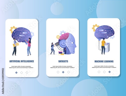 Artificial intelligence mobile app onboarding screens vector template