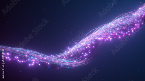 Glowing fiber optic cable. Information flows by wire. The concept of technology and information transfer. Modern blue purple color spectrum 3d illustration