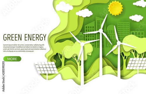 Canvas Print Green energy web banner template, vector paper cut illustration