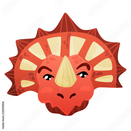 Triceratops dinosaur face looks cute in cartoon style red color big cute eyes, styracosaurus on an isolated white background