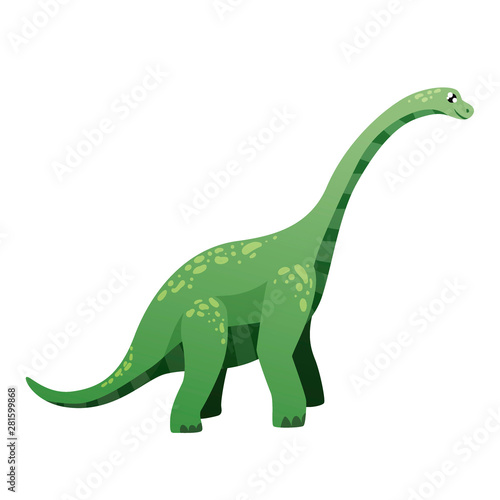 big green dinosaur with a long neck diplodocus in full growth, small head, cartoon style on a blea isolated background