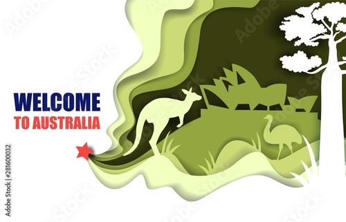 Welcome to Australia poster, vector paper cut illustration