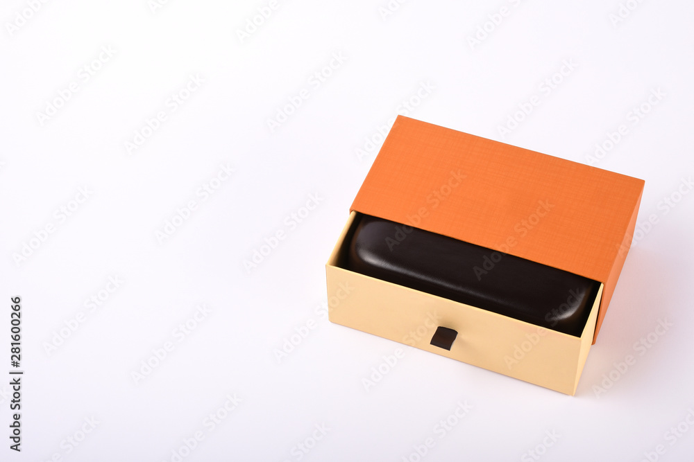 Eyeglasses case in a gift box isolated on white Eyeglasses case in a gift box isolated on white