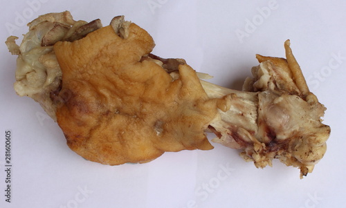 Boiled pig leg close-up on a white background.