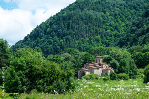 10th century ancient Christian church, Nizhnearhizy temples, Northern Zelenchuk temple, stone temple among mountains and vegetation
