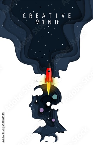 Creative mind poster, vector paper cut illustration
