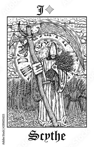 Scythe. Tarot card from vector Lenormand Gothic Mysteries oracle deck.