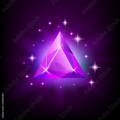 Triangular purple shining gemstone with magical glow and stars on dark background vector illustration.