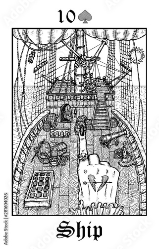 Ship. Tarot card from vector Lenormand Gothic Mysteries oracle deck.