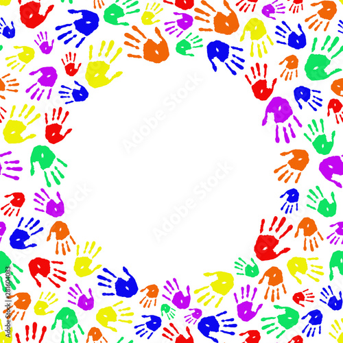 Frame of rainbow handprint on white background. Hands palms in circle. Copy space for text.