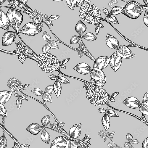 Wallpaper Mural Seamless pattern with clover flower. Hand drawn ink graphics. Twigs, leaves, buds. Background of meadow grasses. Vintage style.  Torontodigital.ca