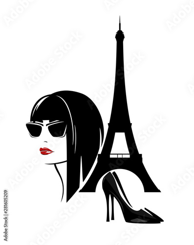 stylish young woman with modern haircut, high heeled shoes and eiffel tower silhouette - french fashion vector design