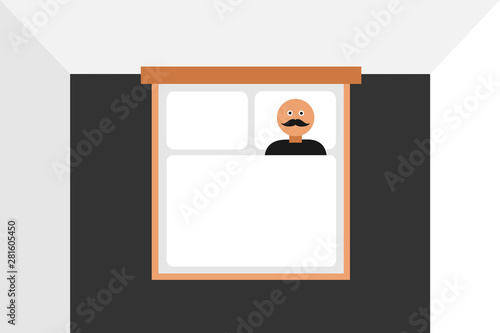 Aged adult male is in bed in bedroom alone - lonely widower or solitary single person with no love relationship. Vector illustration