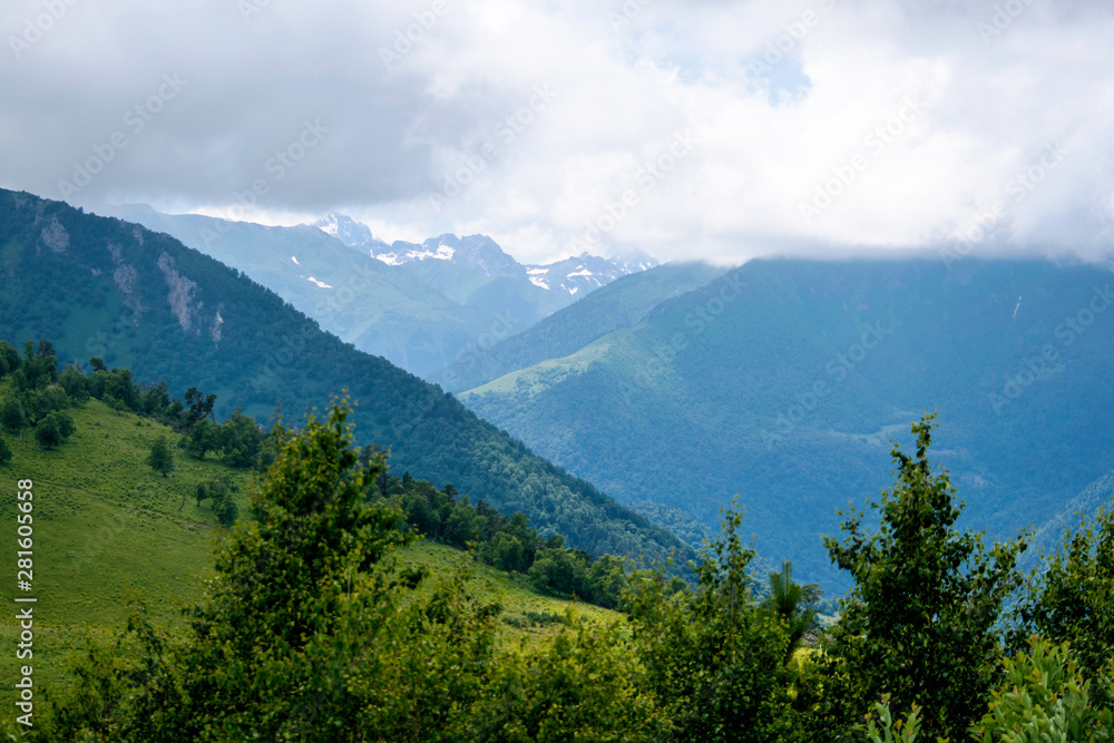 mountain landscape, mountains, green trees, valley, glaciers. Arkhyz, Karachay-Cherkessia, Russia