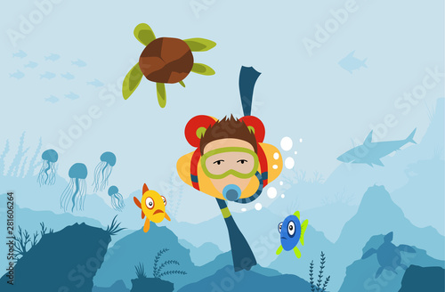 Scuba diver man diving with big turtle at the bottom of the sea with underwater vegatation vector illustration graphic design. photo