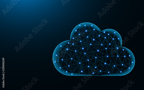 Cloud low poly design, weather abstract geometric image, cloud computing wireframe mesh polygonal vector illustration made from points and lines on dark blue background