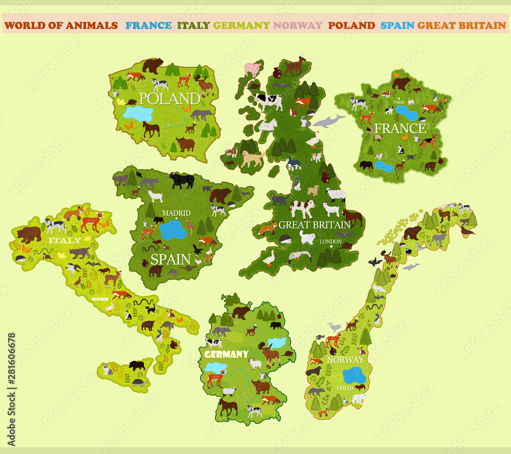 Map of Spain, Italy, France, Norway, Great Britain, Germany with animals and plants on a light background Stock Vector | Adobe Stock Map of Spain, Italy, France, Norway, Great Britain, Germany with animals and plants on a light background Stock Vector | Adobe Stock