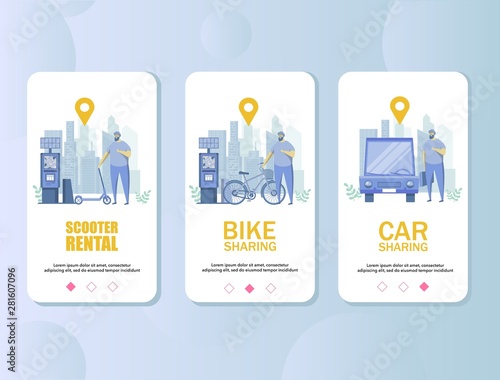 Transport rental mobile app onboarding screens vector template