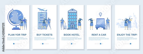 Travel mobile app onboarding screens vector template