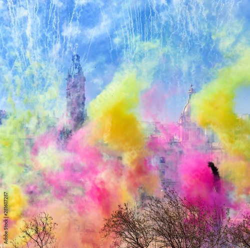 Las fallas of Valencia, spain. Mascleta of colors in the tiene hall square,colored pyrotechnic elements show photo