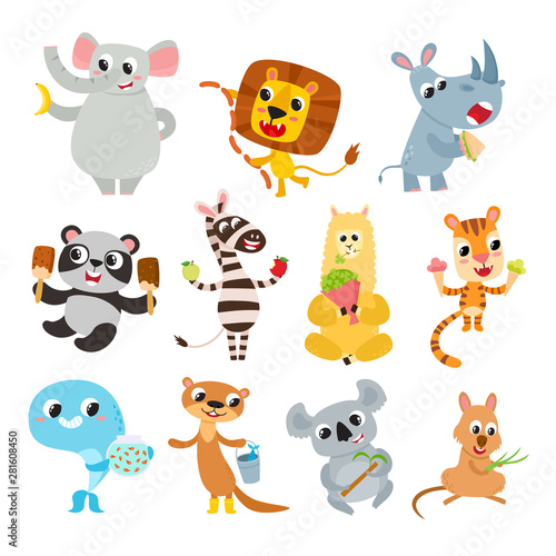 Collection of cute cartoon animals with meal isolated on white.