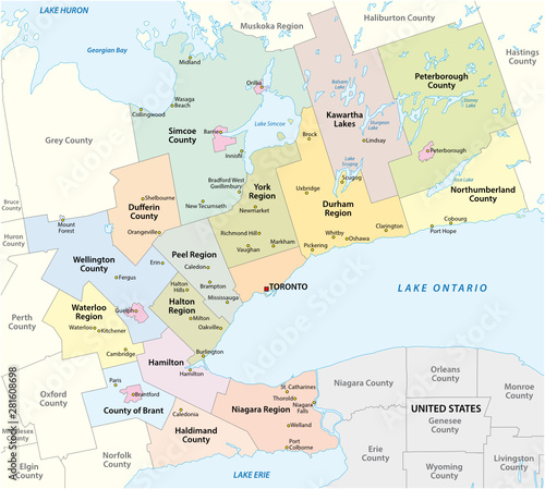 Map of the Golden Horseshoe metropolitan area around the western end of Lake Ontario, Ontario, Canada