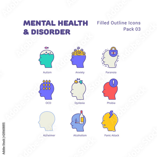 Mental Health and Disorder filled outline icons set