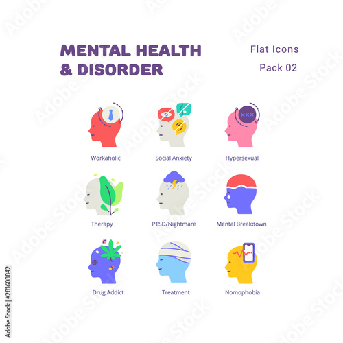 Mental Health and Disorder flat icons set