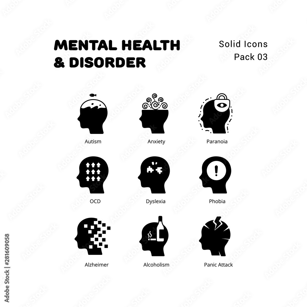 Mental Health and Disorder solid icons set Stock Vector | Adobe Stock
