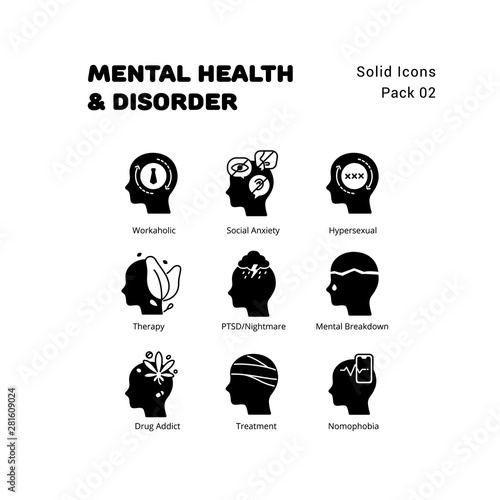 Mental Health and Disorder solid icons set 