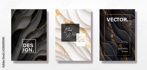 Luxury paper cut background, Abstract decoration, golden pattern, halftone gradients, 3d Vector illustration. Black, white, blue, gold waves Cover template, geometric shapes, modern minimal banner. photo