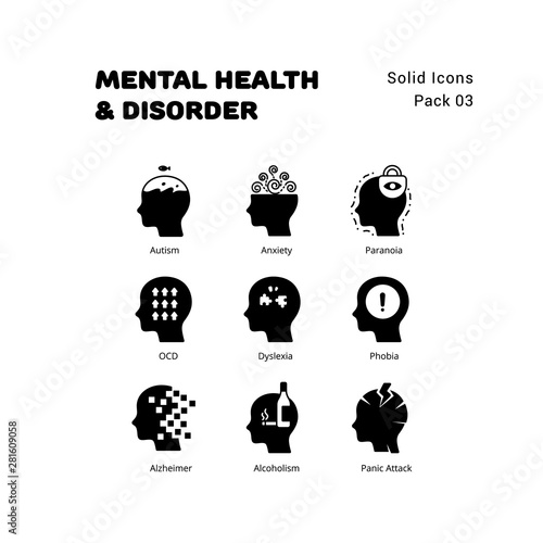 Mental Health and Disorder solid icons set 