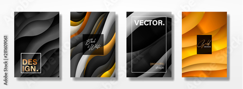 Luxury paper cut background, Abstract decoration, golden pattern, halftone gradients, 3d Vector illustration. Black, white, blue, gold waves Cover template, geometric shapes, modern minimal banner.