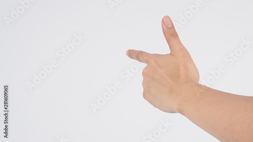 Male model is point the finger with left hand to do sign on white background.