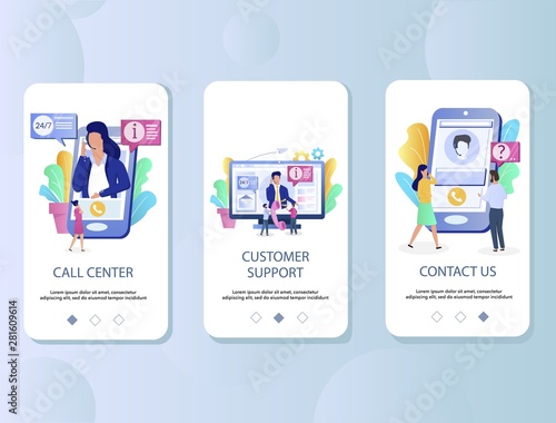 Call center mobile app onboarding screens vector template