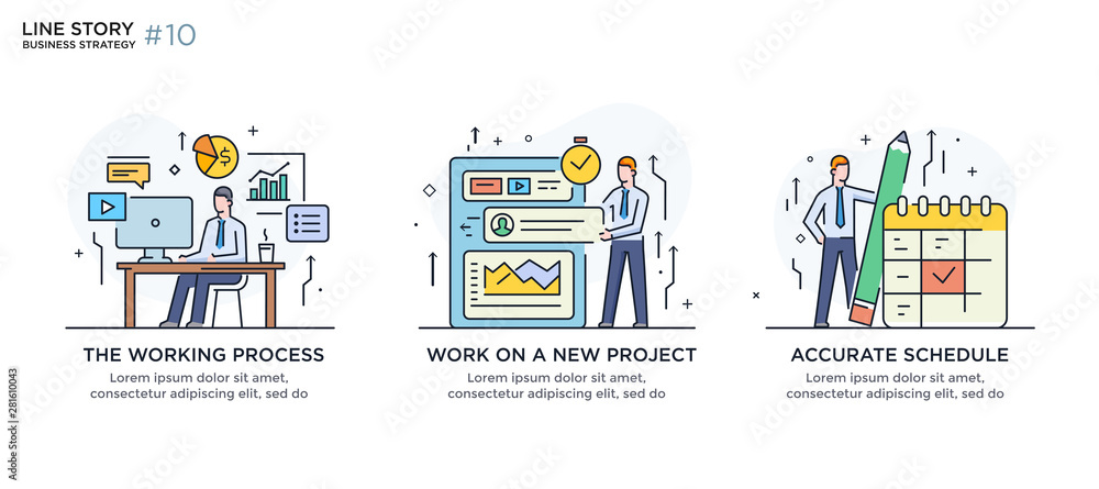 Set of illustrations concept with business concept. Workflow, growth, graphics. Business development, milestones, start-up. linear illustration Icons infographics. Landing page site print poster. Line Set of illustrations concept with business concept. Workflow, growth, graphics. Business development, milestones, start-up. linear illustration Icons infographics. Landing page site print poster. Line