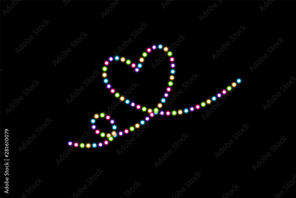 Heart of the multicolored lamps on a black background. Valentines day card. Heart with inscription I Love You. Vector illustration Heart of the multicolored lamps on a black background. Valentines day card. Heart with inscription I Love You. Vector illustration