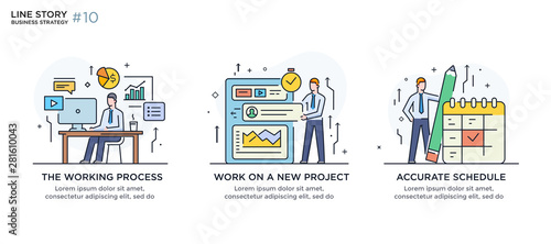 Set of illustrations concept with business concept. Workflow, growth, graphics. Business development, milestones, start-up. linear illustration Icons infographics. Landing page site print poster. Line