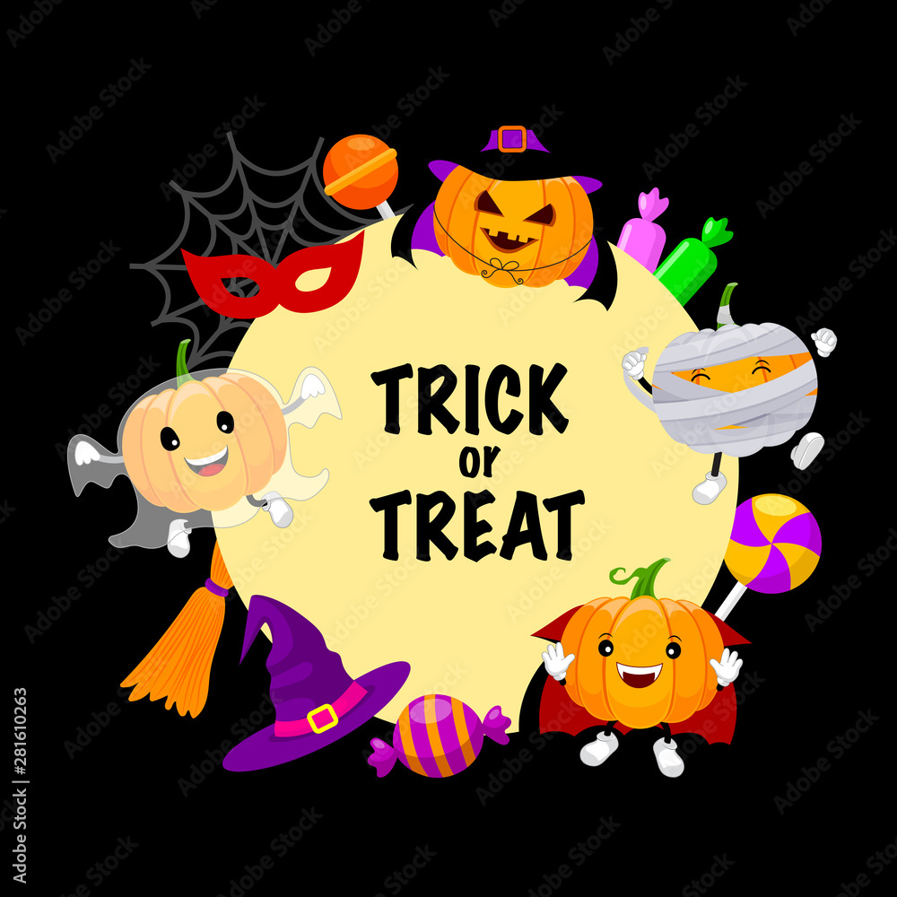Trick or treat with set of cute cartoon pumpkin character. Happy Halloween  day concept with mummy, witch, ghost and candy. Illustration on black  background. Stock Vector | Adobe Stock