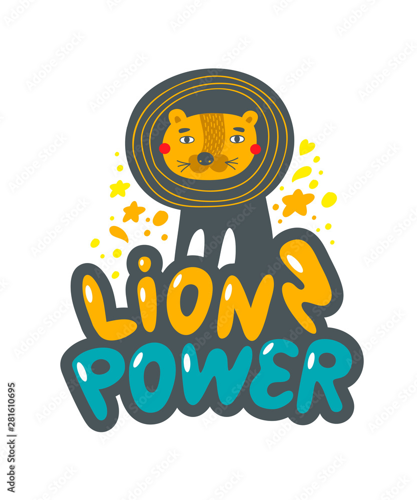 Cute and friendly lion on lettering. Vector art.