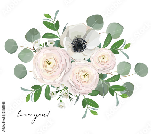 vector floral bouquet illustration, ranunculus anemone eucalyptus peony rose flowers  Design elements for patterns, wreath, laurels and compositions, greeting cards, wedding invitations