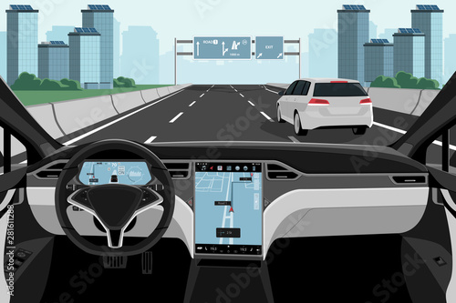 Autonomous car. Self-driving vehicle on a road. Vector illustration