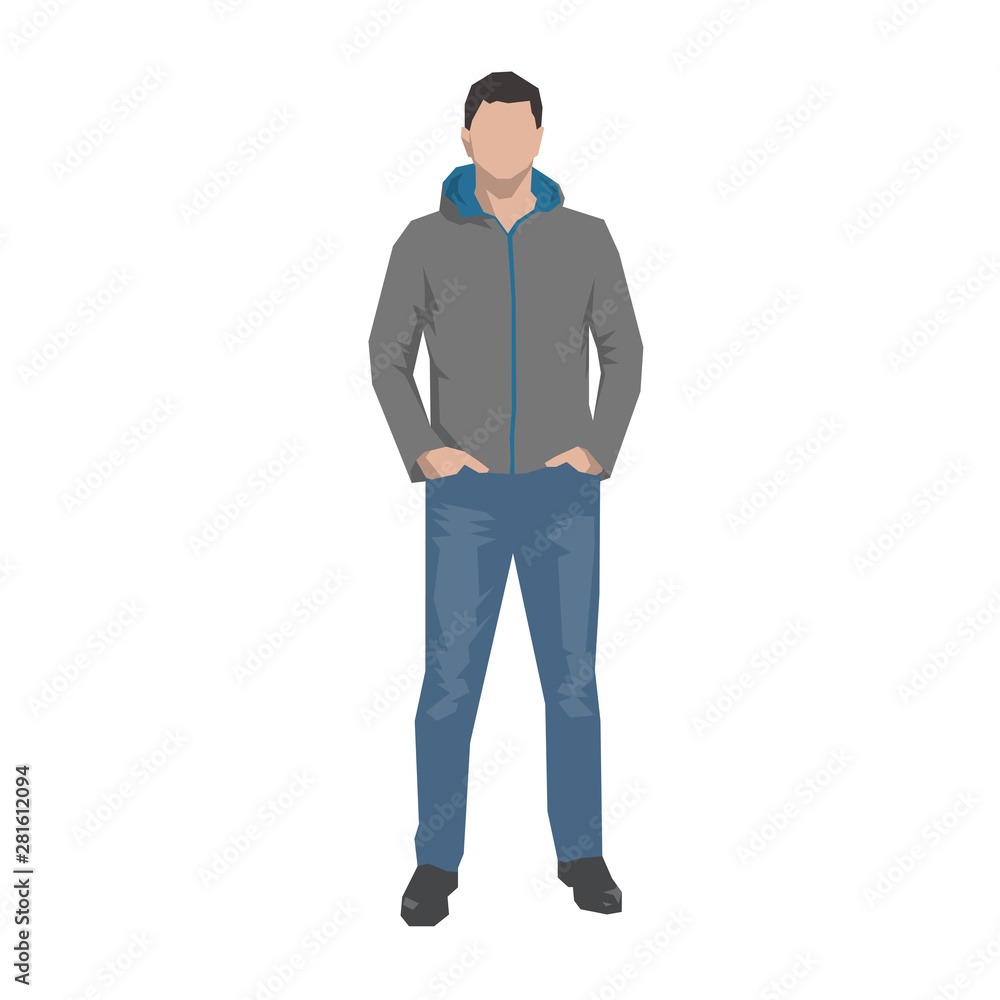 Man standing with hands in pockets, front view. Isolated geometric flat design vector illustration. Young adult people Man standing with hands in pockets, front view. Isolated geometric flat design vector illustration. Young adult people