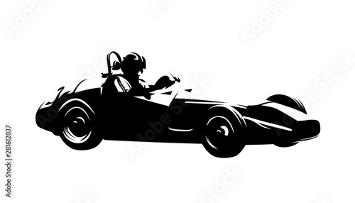 Retro racing car, isolated vector ink drawing. Side view formula silhouette
