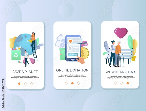 Volunteering mobile app onboarding screens vector template