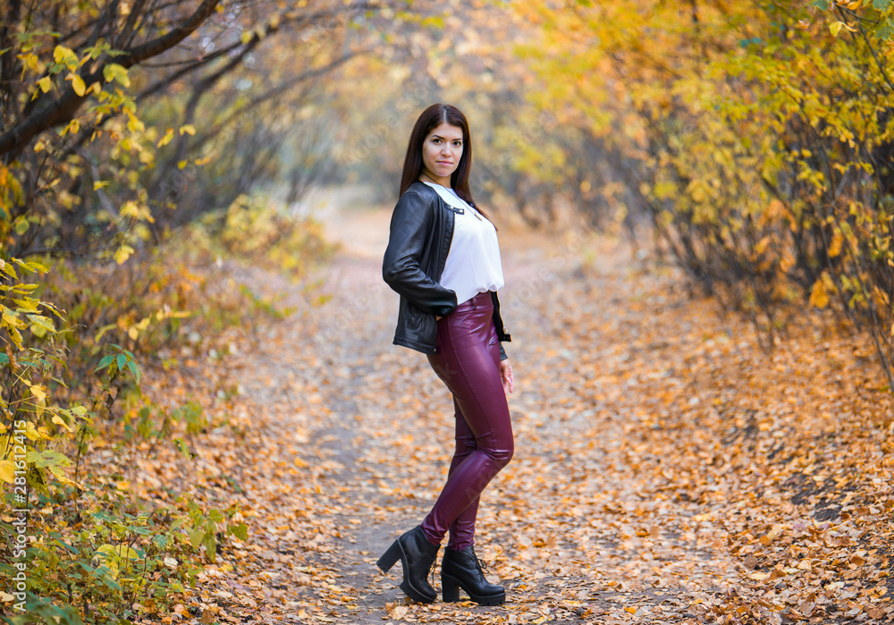 Girl. Autumn. A beautiful dark-haired slender girl stands in a yellow autumn forest. Gorizontal photo Girl. Autumn. A beautiful dark-haired slender girl stands in a yellow autumn forest. Gorizontal photo