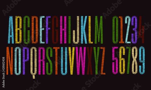 Vector embroidery alphabet with numbers. Font letters stitched with hand drawn thread. 
