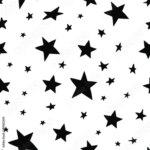 Hand drawn seamless pattern with stars. Black doodle star