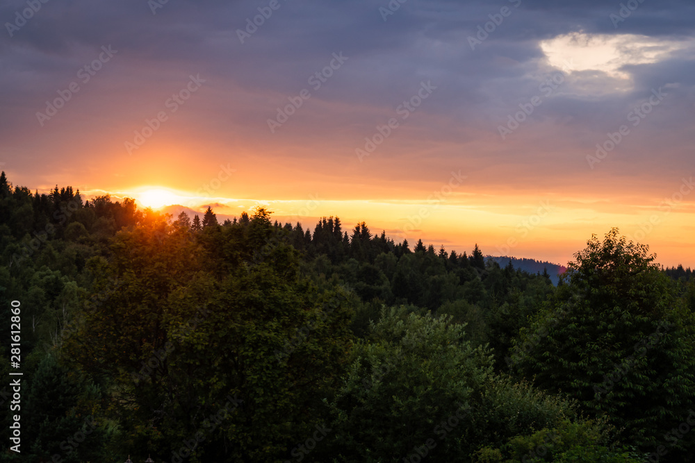 Sun sets over Bieszczady mountains.